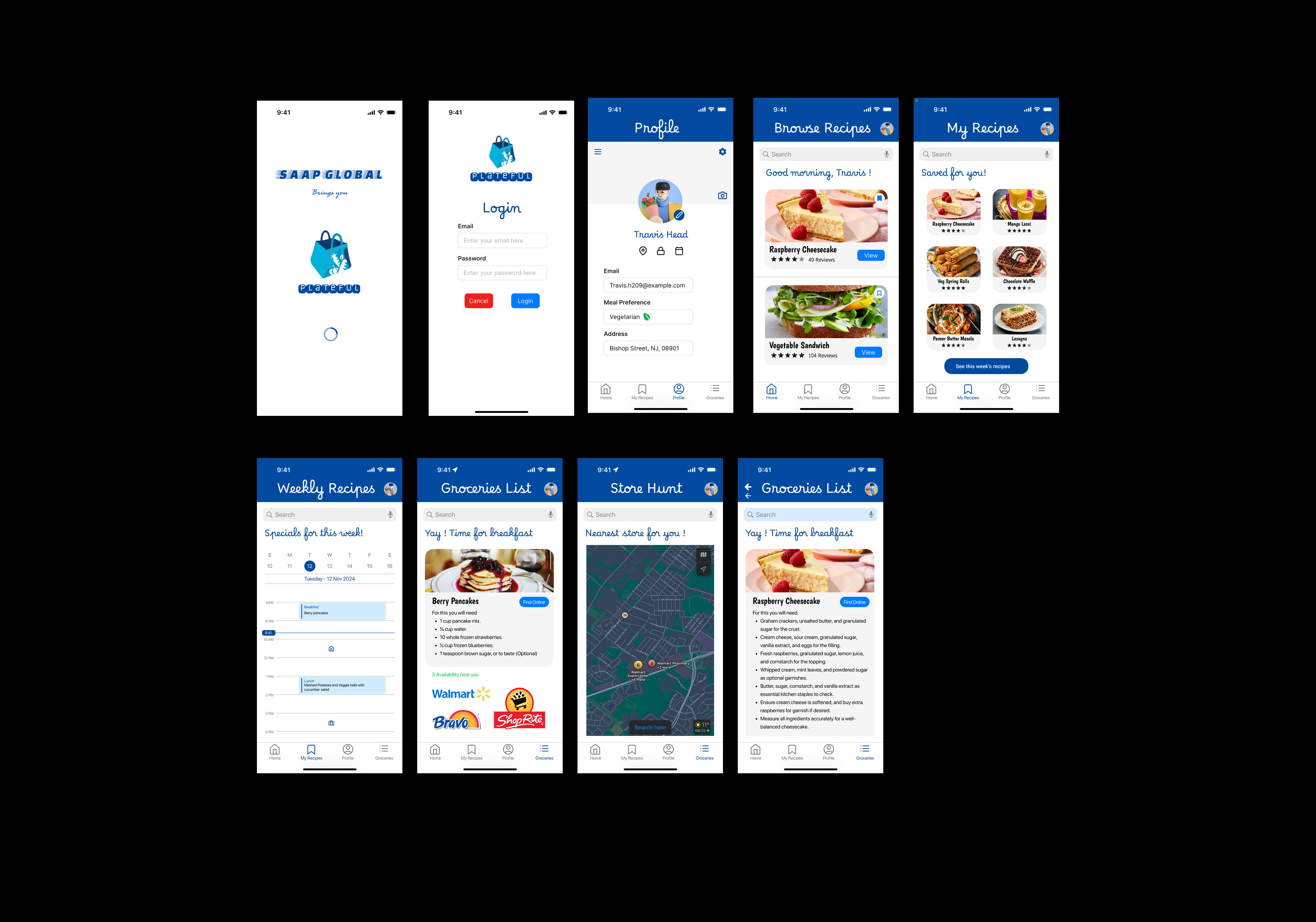 Plateful high-fidelity screens: splash, login, profile, browse recipes, my recipes, weekly plan, grocery list, and store hunt