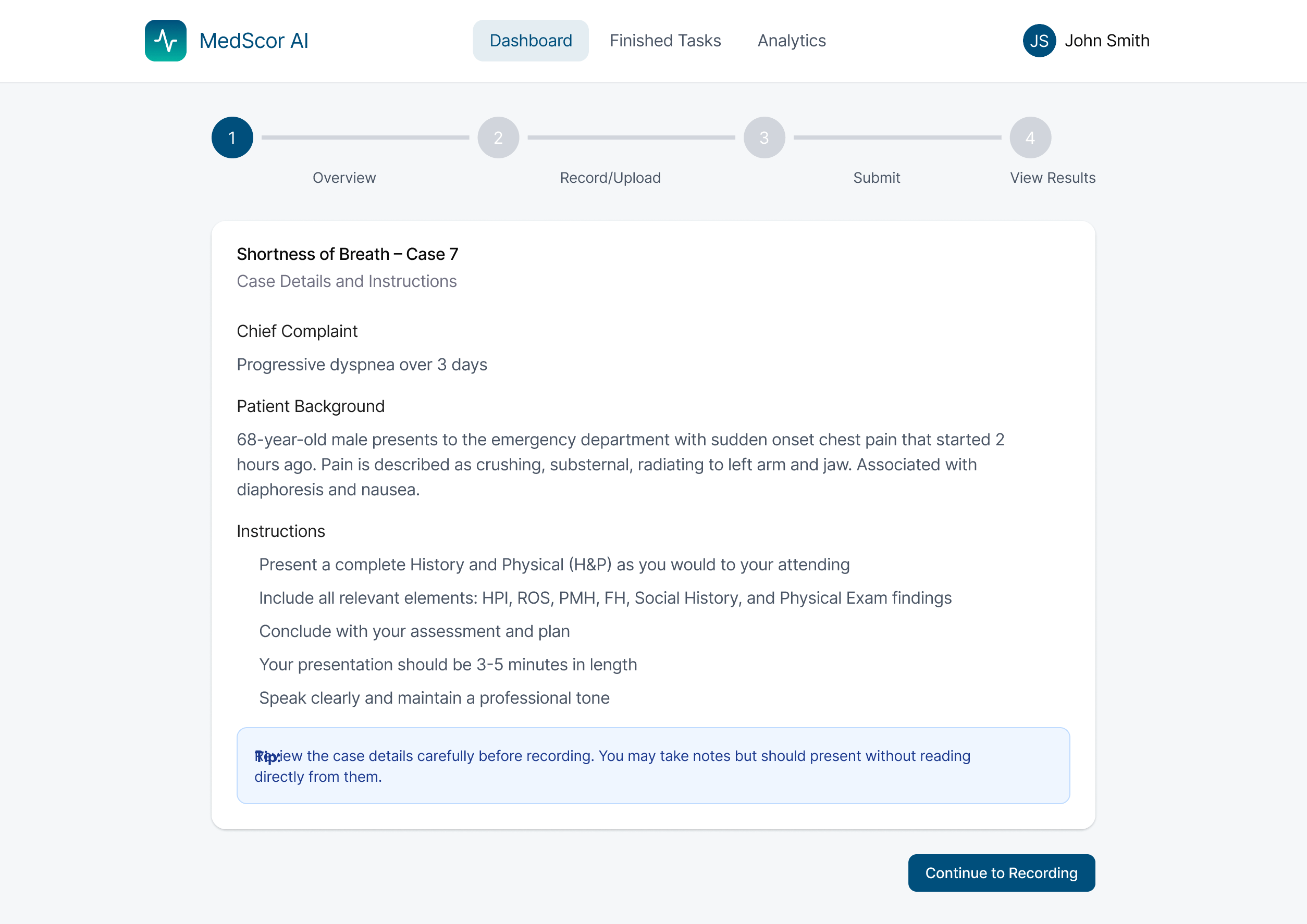 MedScor AI case overview showing Shortness of Breath case with AI-generated rubric feedback